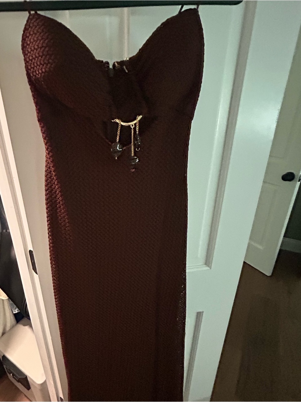 12th Tribe Strapless Chocolate Brown Cutout Midi Dress with Gold Accents - Picture 7 of 7